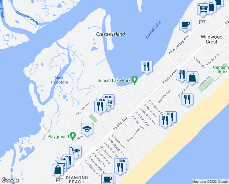 map of restaurants, bars, coffee shops, grocery stores, and more near 107 West Toledo Avenue in Wildwood Crest