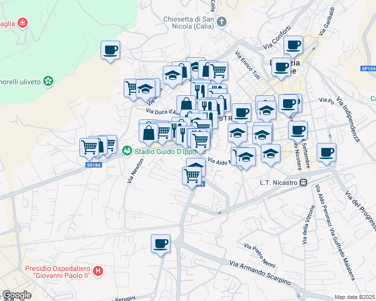 map of restaurants, bars, coffee shops, grocery stores, and more near 110 Traversa II Via Guglielmo Marconi in Lamezia Terme