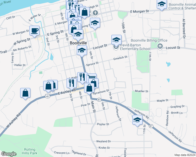 map of restaurants, bars, coffee shops, grocery stores, and more near 916 6th Street in Boonville