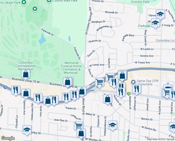map of restaurants, bars, coffee shops, grocery stores, and more near 1410 North Creasy Springs Road in Columbia