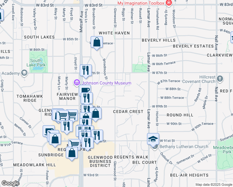map of restaurants, bars, coffee shops, grocery stores, and more near 8840 Glenwood Street in Overland Park