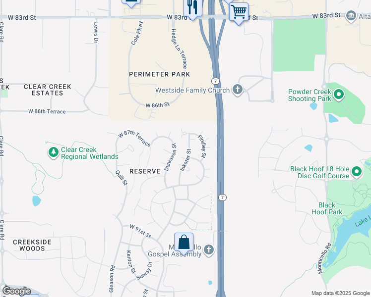 map of restaurants, bars, coffee shops, grocery stores, and more near 8801 Dunraven Street in Lenexa