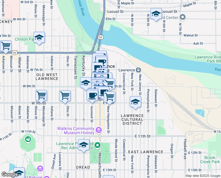 map of restaurants, bars, coffee shops, grocery stores, and more near 825 New Hampshire Street in Lawrence