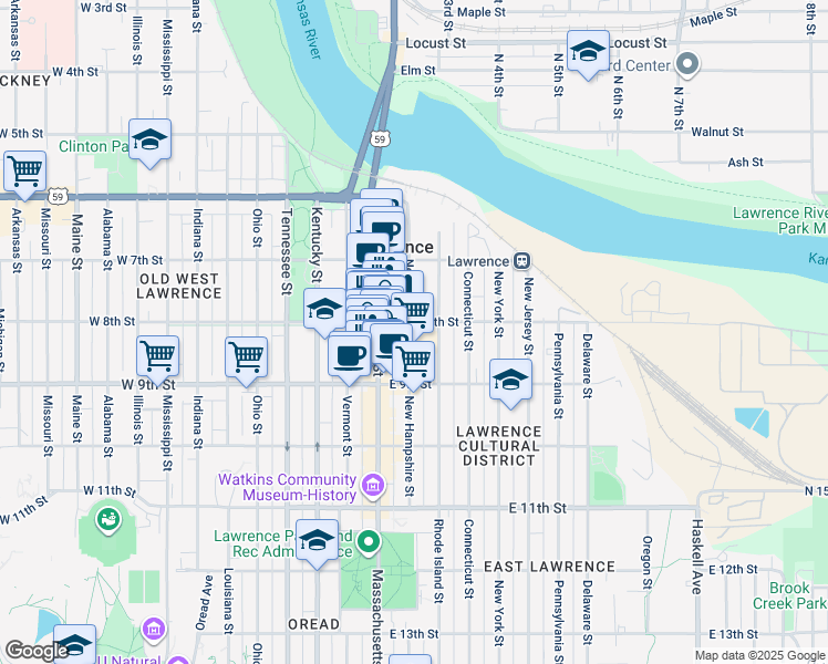 map of restaurants, bars, coffee shops, grocery stores, and more near 825 New Hampshire Street in Lawrence