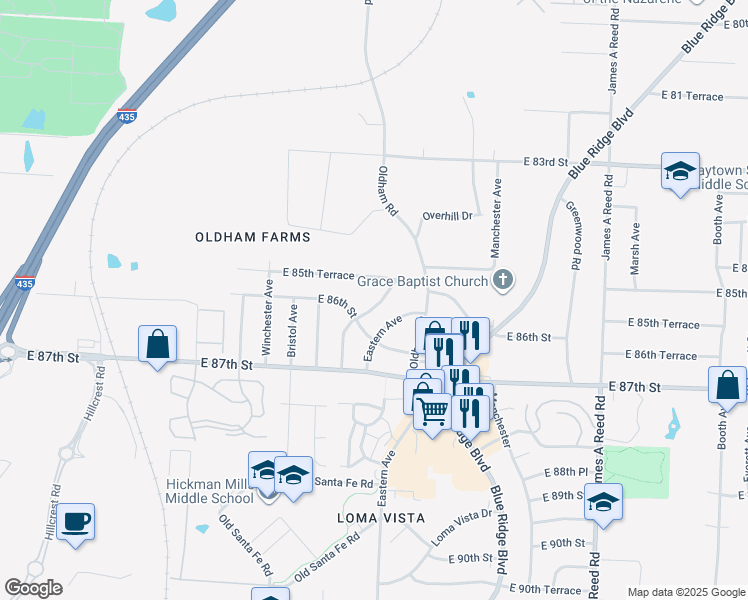 map of restaurants, bars, coffee shops, grocery stores, and more near 8511 Crystal Avenue in Kansas City