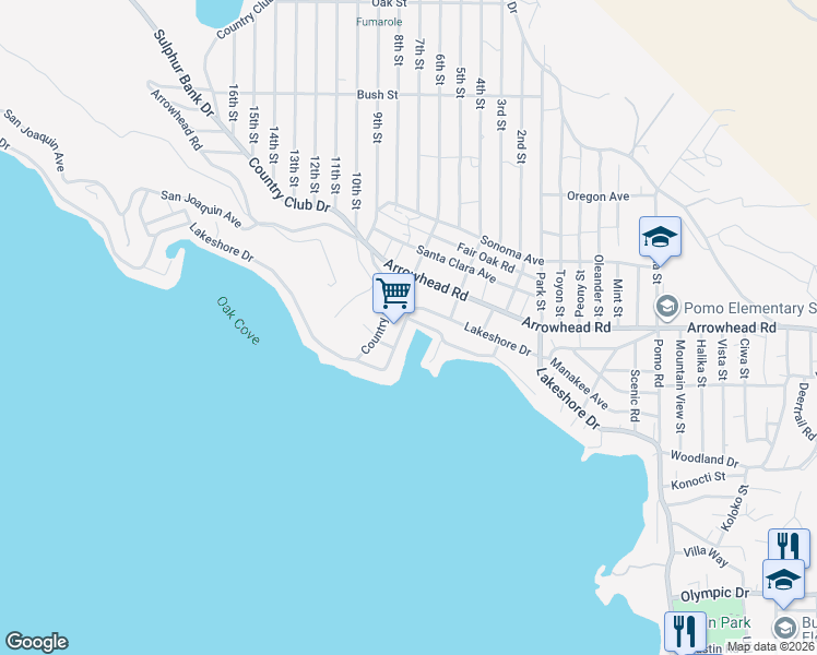 map of restaurants, bars, coffee shops, grocery stores, and more near 13445 Lakeshore Drive in Clearlake