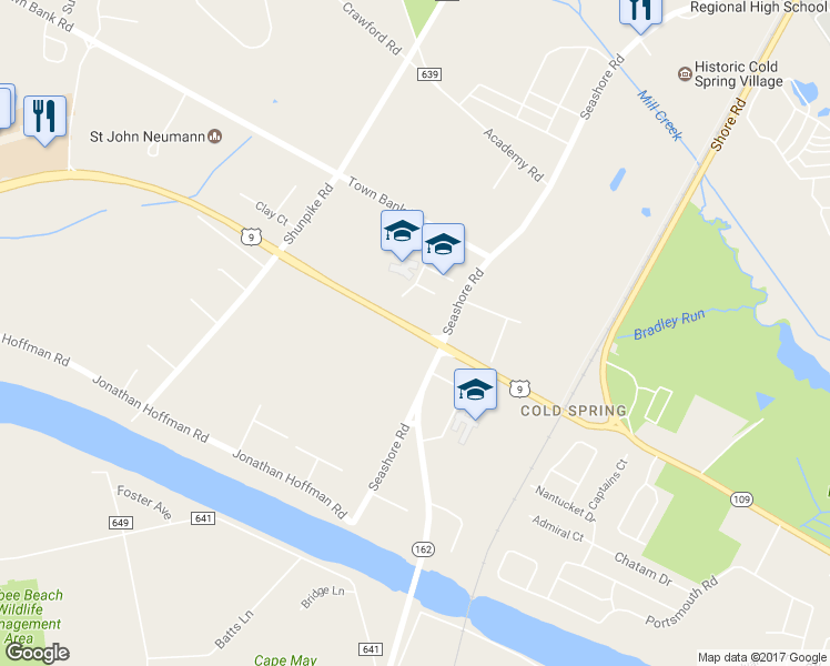 map of restaurants, bars, coffee shops, grocery stores, and more near 724 Sandman Boulevard in Cape May