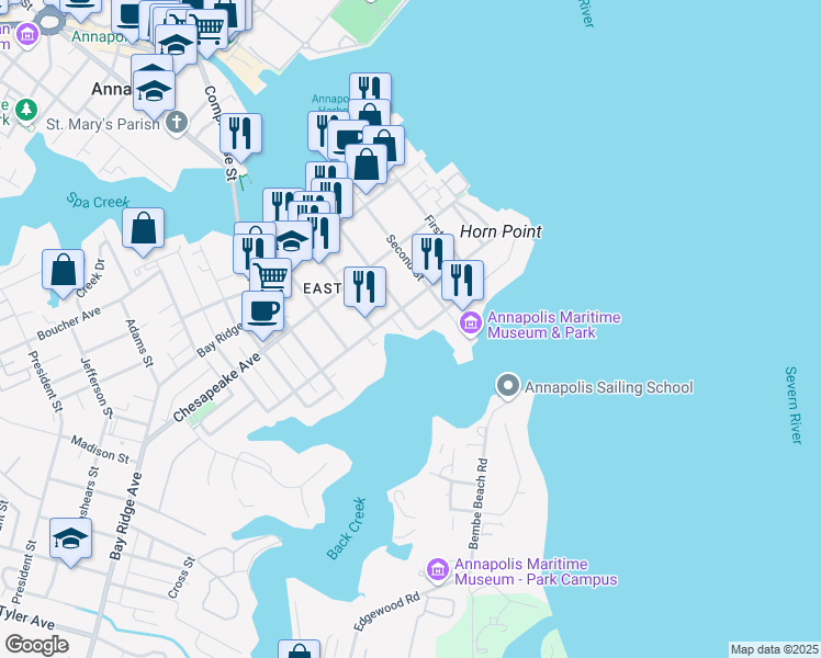 map of restaurants, bars, coffee shops, grocery stores, and more near 616 3rd Street in Annapolis