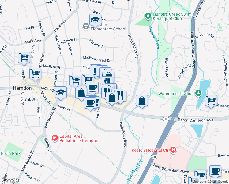 map of restaurants, bars, coffee shops, grocery stores, and more near 112 Monroe Mills Lane in Herndon