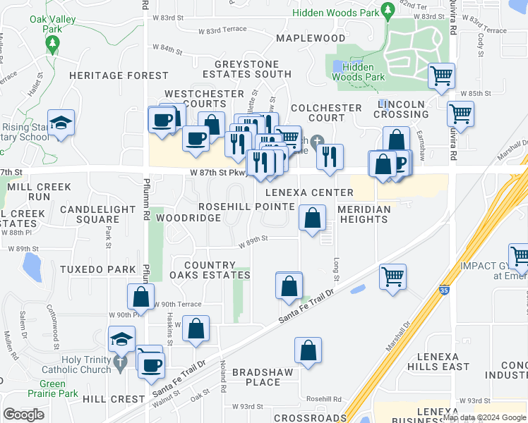 map of restaurants, bars, coffee shops, grocery stores, and more near 12746 West 88th Circle in Lenexa
