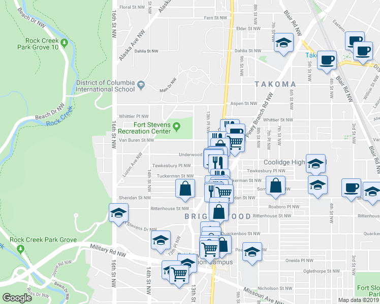 map of restaurants, bars, coffee shops, grocery stores, and more near 6500 13th Street Northwest in Washington