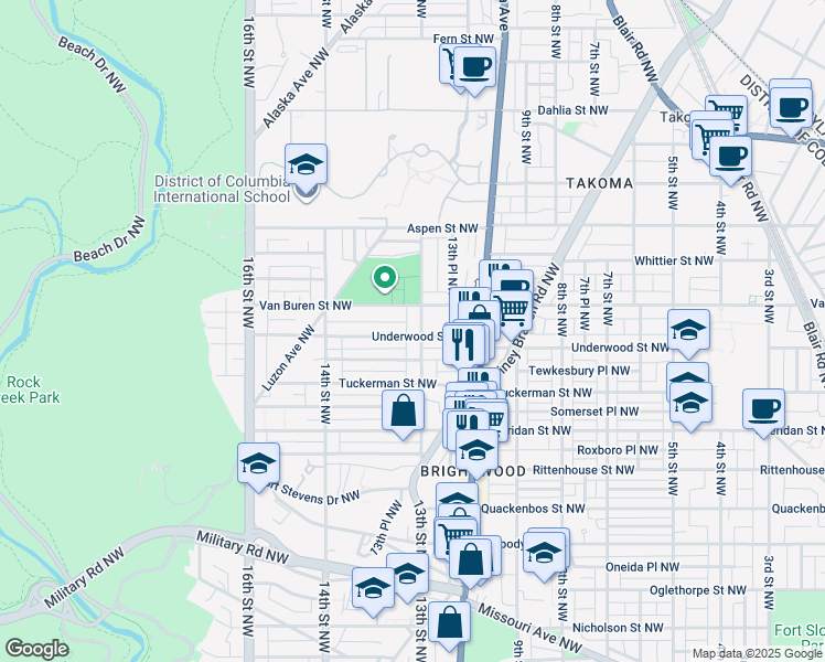 map of restaurants, bars, coffee shops, grocery stores, and more near 6500 13th Street Northwest in Washington