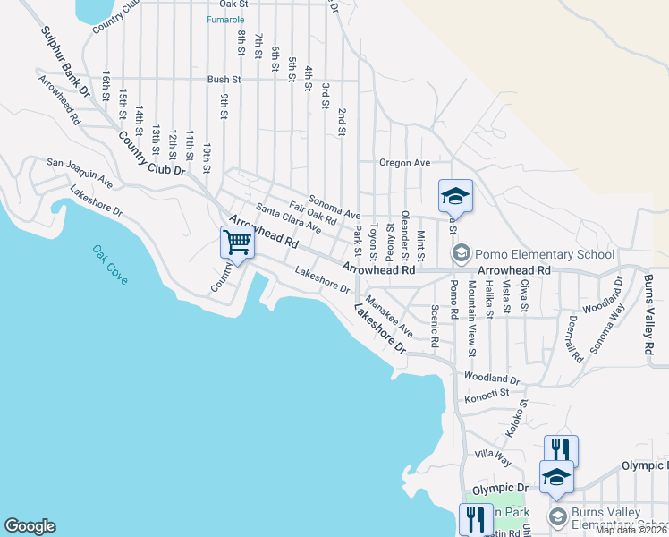 map of restaurants, bars, coffee shops, grocery stores, and more near 13689 Arrowhead Road in Clearlake