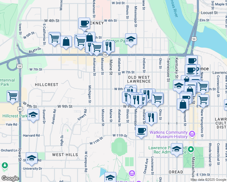 map of restaurants, bars, coffee shops, grocery stores, and more near 820 Maine Street in Lawrence
