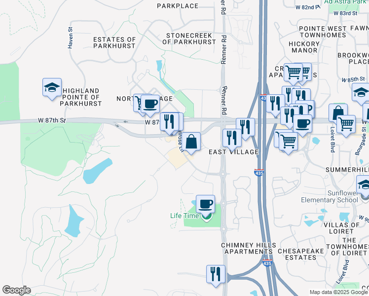 map of restaurants, bars, coffee shops, grocery stores, and more near 8800 Penrose Lane in Lenexa