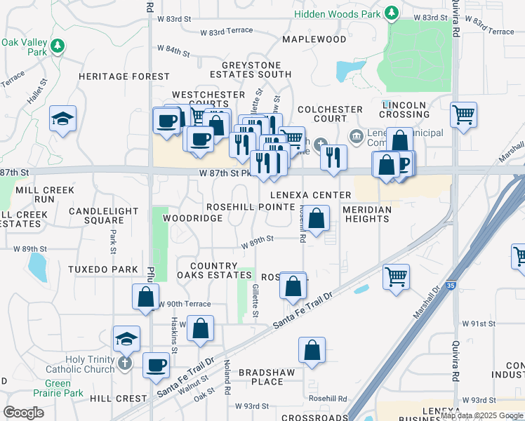 map of restaurants, bars, coffee shops, grocery stores, and more near 2854 Gillette Street in Lenexa