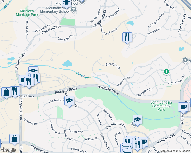 map of restaurants, bars, coffee shops, grocery stores, and more near 9530 Hollydale Court in Colorado Springs