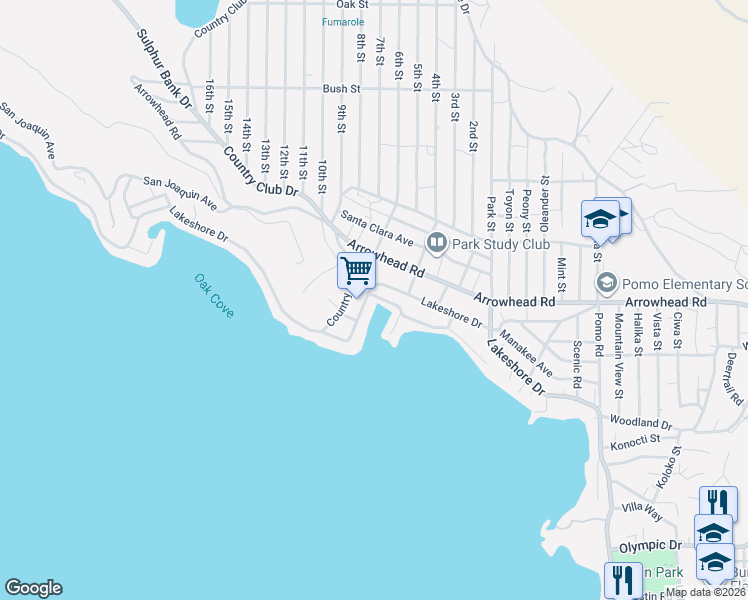 map of restaurants, bars, coffee shops, grocery stores, and more near 13437 Lakeshore Drive in Clearlake