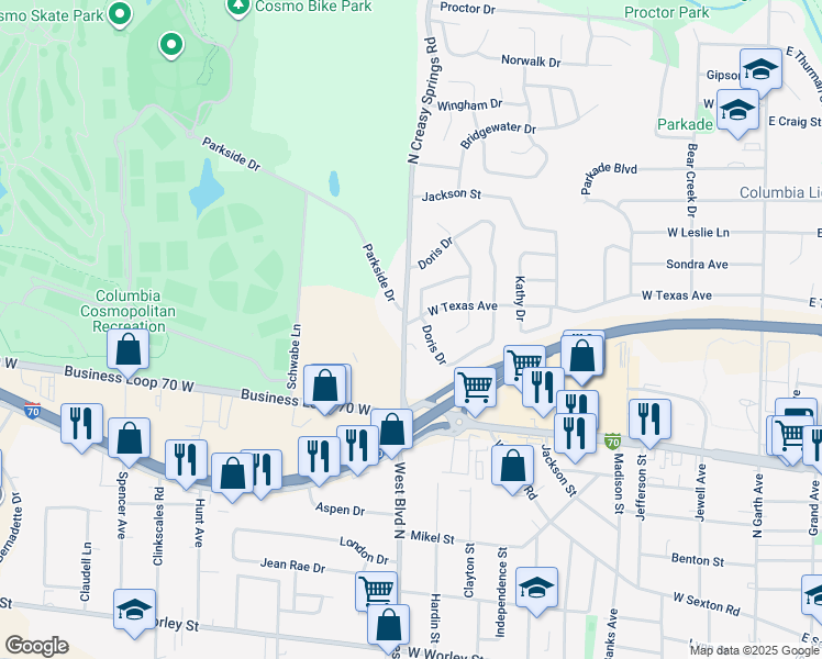 map of restaurants, bars, coffee shops, grocery stores, and more near 1410 North Creasy Springs Road in Columbia
