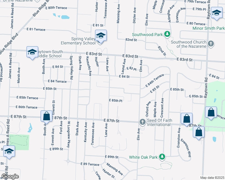 map of restaurants, bars, coffee shops, grocery stores, and more near 9001 East 85th Terrace in Raytown