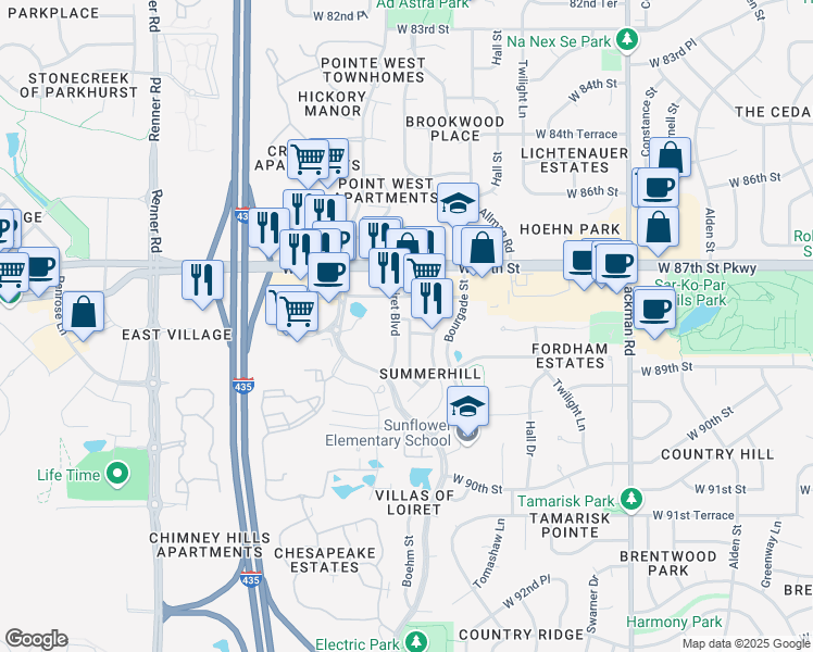 map of restaurants, bars, coffee shops, grocery stores, and more near 8760 Lakeview Avenue in Lenexa