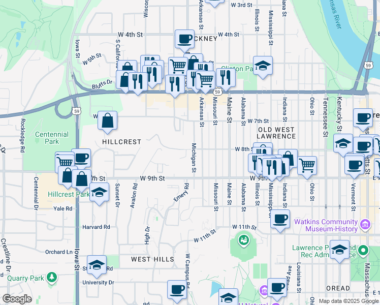 map of restaurants, bars, coffee shops, grocery stores, and more near 817 Canterbury Lane in Lawrence