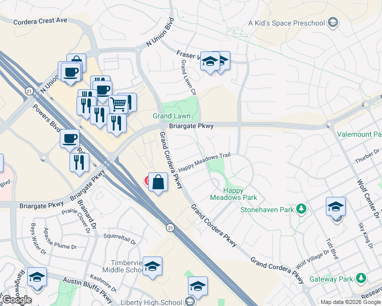 map of restaurants, bars, coffee shops, grocery stores, and more near 4855 Preachers Hollow Trail in Colorado Springs
