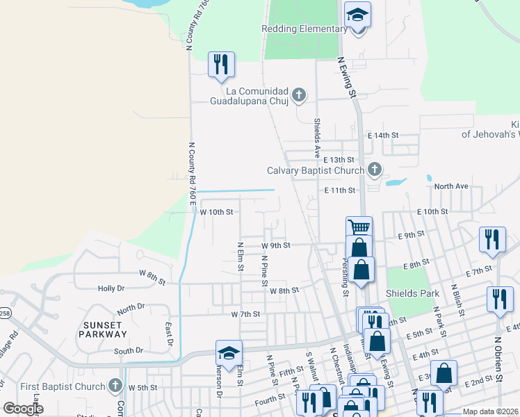map of restaurants, bars, coffee shops, grocery stores, and more near 919 North Pine Street in Seymour