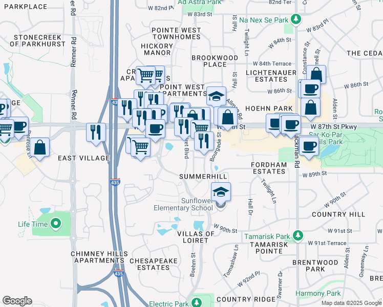 map of restaurants, bars, coffee shops, grocery stores, and more near 8760 Lakeview Avenue in Lenexa