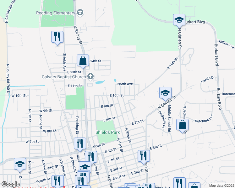 map of restaurants, bars, coffee shops, grocery stores, and more near 905 North Blish Street in Seymour