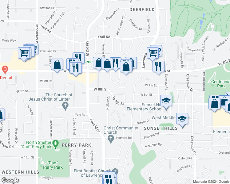map of restaurants, bars, coffee shops, grocery stores, and more near 3232 Cardinal Drive in Lawrence