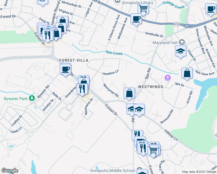 map of restaurants, bars, coffee shops, grocery stores, and more near 3 Heritage Court in Annapolis