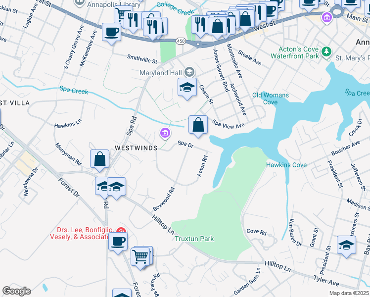 map of restaurants, bars, coffee shops, grocery stores, and more near 6 Boxwood Road in Annapolis