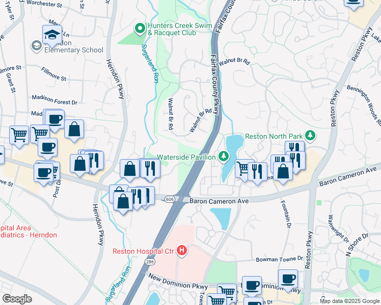 map of restaurants, bars, coffee shops, grocery stores, and more near 1711 Stuart Pointe Lane in Herndon