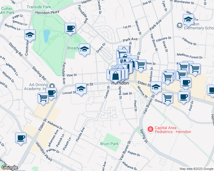 map of restaurants, bars, coffee shops, grocery stores, and more near 801 Elden Street in Herndon