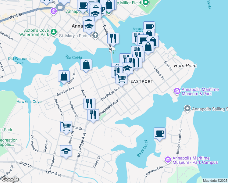 map of restaurants, bars, coffee shops, grocery stores, and more near Burnside Street in Annapolis