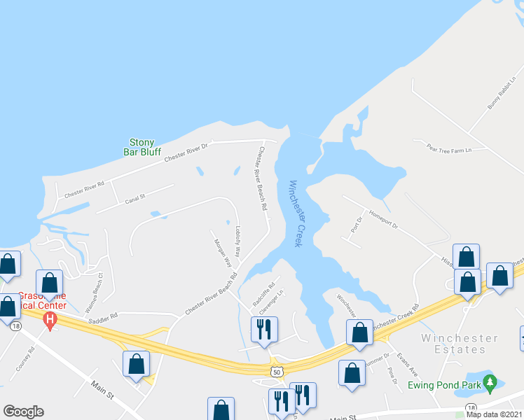 map of restaurants, bars, coffee shops, grocery stores, and more near 615 Chester River Beach Road in Grasonville