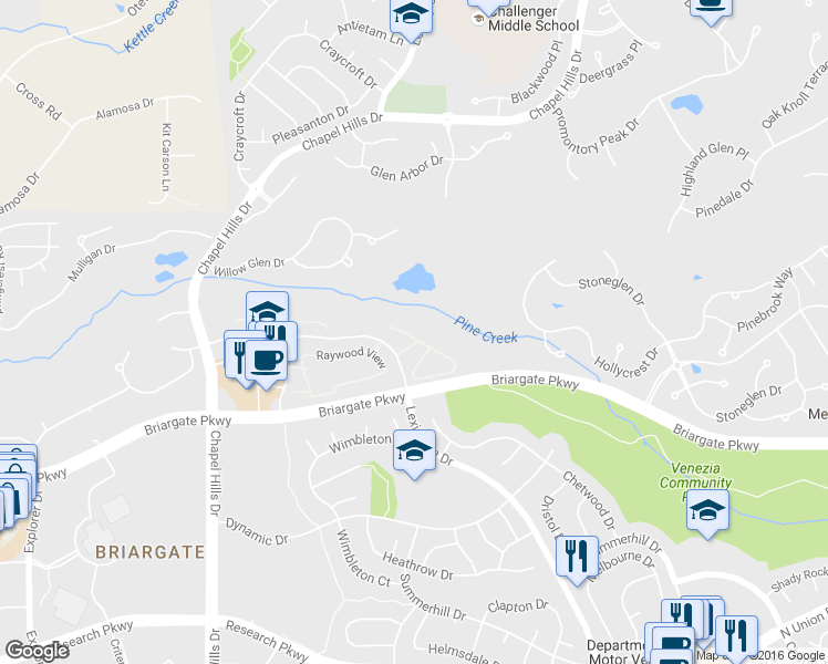 map of restaurants, bars, coffee shops, grocery stores, and more near 2646 Pine Knoll View in Colorado Springs