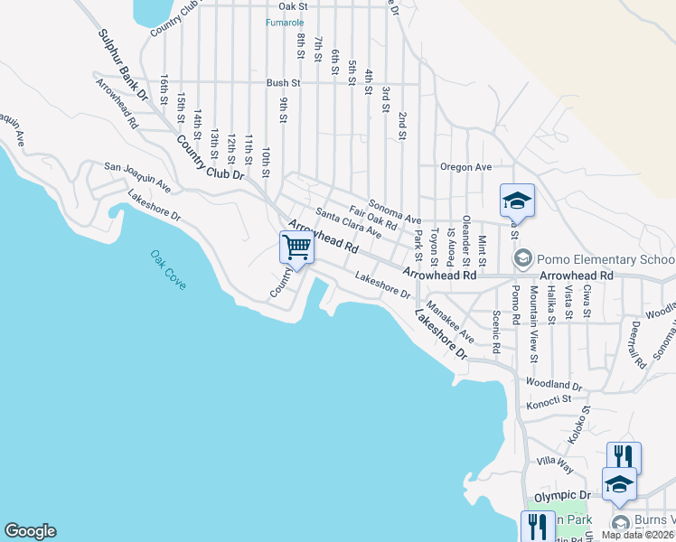 map of restaurants, bars, coffee shops, grocery stores, and more near 13550 Lower Lakeshore Drive in Clearlake