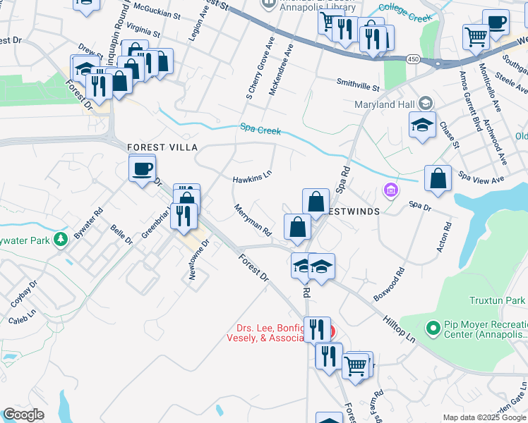 map of restaurants, bars, coffee shops, grocery stores, and more near Heritage Court in Annapolis