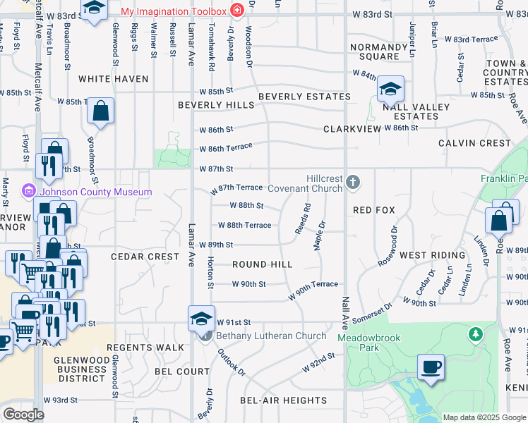 map of restaurants, bars, coffee shops, grocery stores, and more near 5925 West 87th Terrace in Overland Park