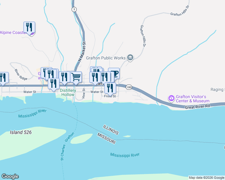 map of restaurants, bars, coffee shops, grocery stores, and more near 316 East Main Street in Grafton
