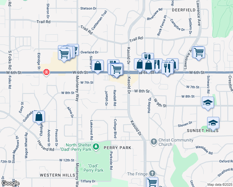 map of restaurants, bars, coffee shops, grocery stores, and more near 722 Randall Road in Lawrence