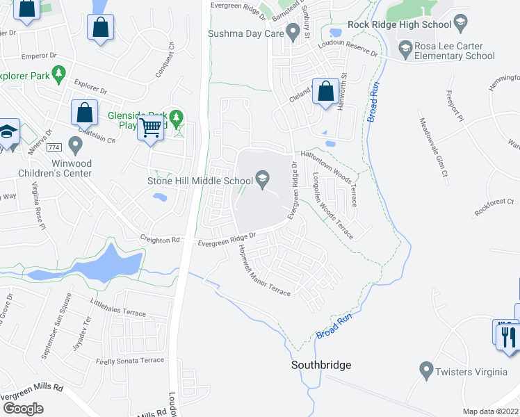 map of restaurants, bars, coffee shops, grocery stores, and more near 23415 Evergreen Ridge Drive in Ashburn