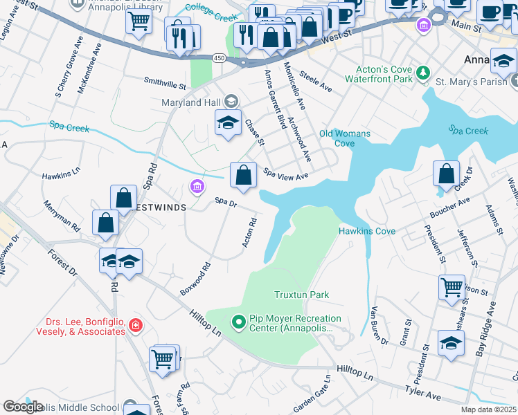 map of restaurants, bars, coffee shops, grocery stores, and more near 143 Spa Drive in Annapolis