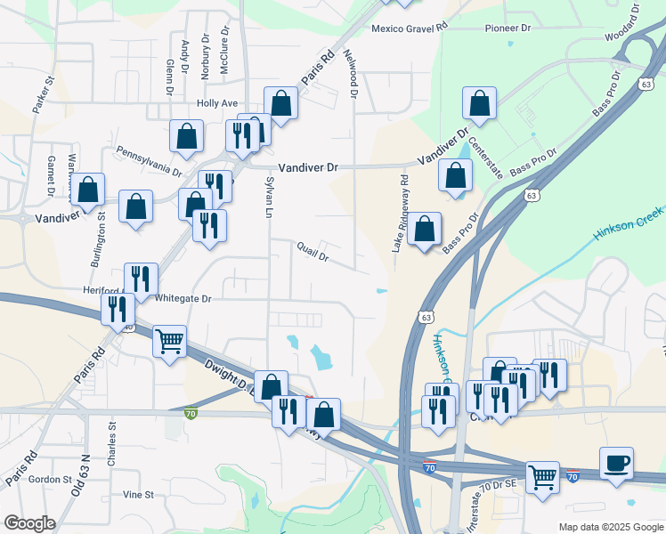 map of restaurants, bars, coffee shops, grocery stores, and more near 2607 Quail Drive in Columbia
