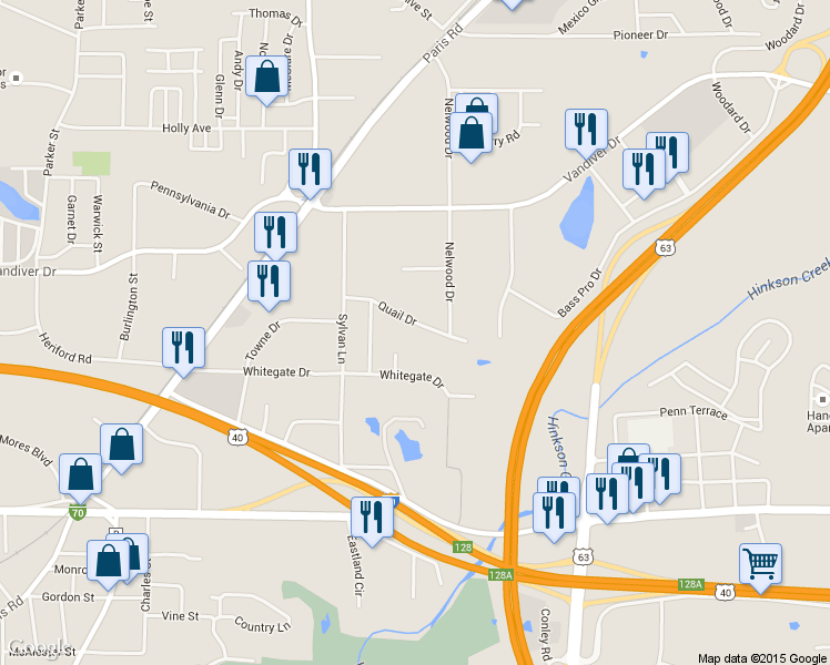 map of restaurants, bars, coffee shops, grocery stores, and more near 2607 Quail Drive in Columbia