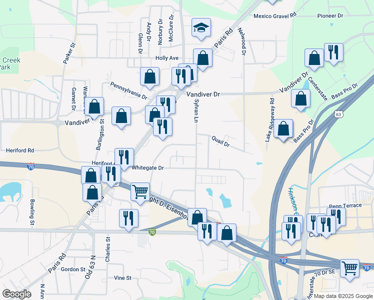 map of restaurants, bars, coffee shops, grocery stores, and more near 1801 Towne Drive in Columbia
