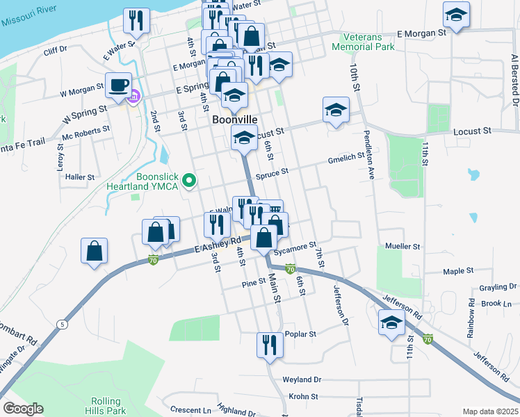 map of restaurants, bars, coffee shops, grocery stores, and more near 818-820 Main Street in Boonville