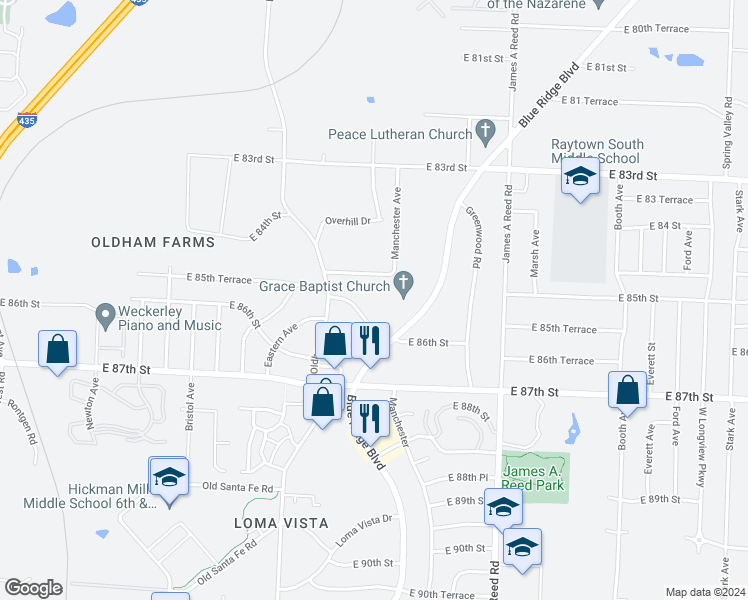 map of restaurants, bars, coffee shops, grocery stores, and more near 7609 East 85 Street in Kansas City